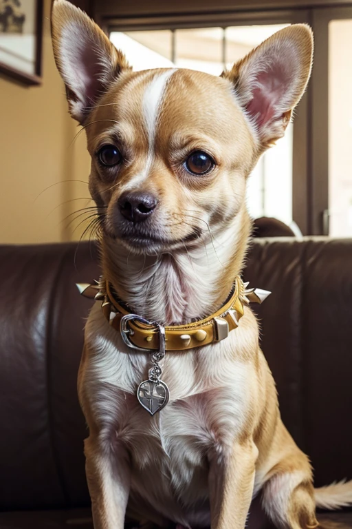 CHIHUAHUA DOG, YELLOW COLOR, CON COLLAR CAFE, THE BROWN NECKLACE HAS SILVER SPIKES