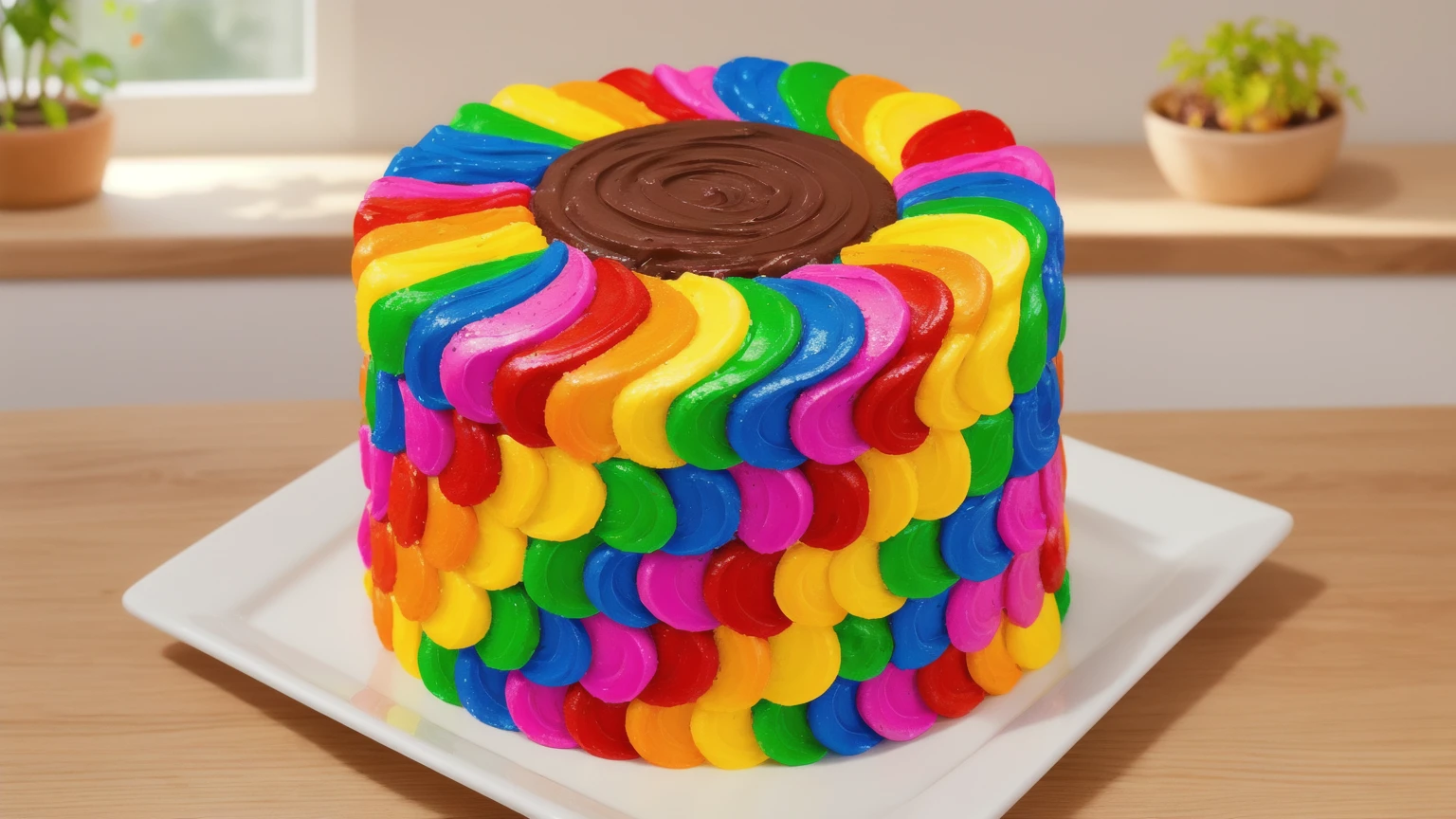 on a wooden table. there is a square white plate. rainbow cream cake. smears of cream in a checkerboard pattern, hole with chocolate drips on top,  ((cream highlights)), against the background of the kitchen, Kitchenware, vases with plants, Beautiful light from the window, contour light, Multiple light sources, beautiful sunlight, Bright light source, bright lighting, beautiful light sources, Multiple light sources, Realistic style , realistic texture, detailed texture, A high resolution, high quality, macro photography 
