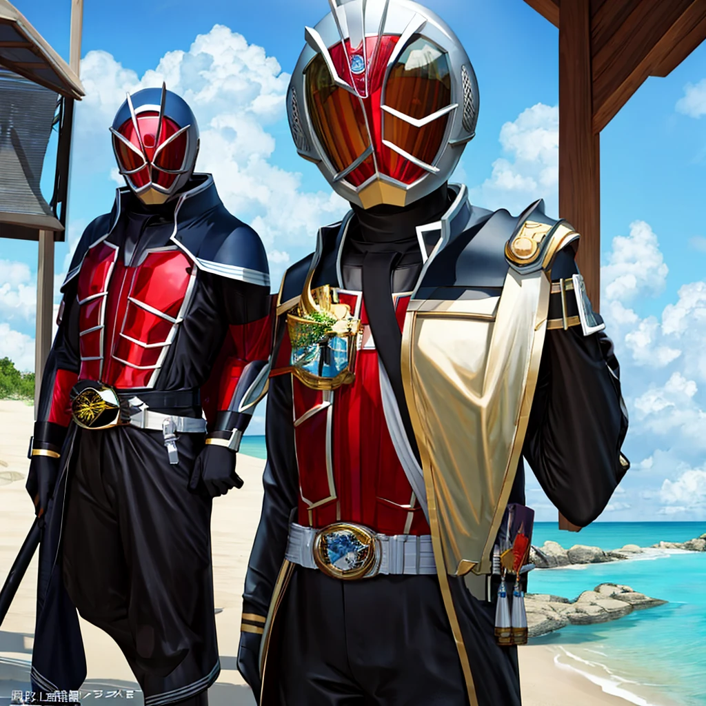 Masked Rider Wizard, One man, Muscle Body、(masterpiece), (Highest quality), (masterpiece:1.2, Highest quality), (Realistic, photoRealistic:1.4), ((Super detailed)), (Highly detailed CG illustrations), ((Very delicate and beautiful)),Cinematic Light, (Character Focus), sf, 16:Drawing to match widescreen image size 9、 Beautiful illustrations, (Natural Side Lighting, Cinema Lighting), Blue sky、blue sea、White cloud、Hot beach、White sand beach、ring、White head、Stocky build、Reach out、explosion、Beautiful standing posture、Cape、
