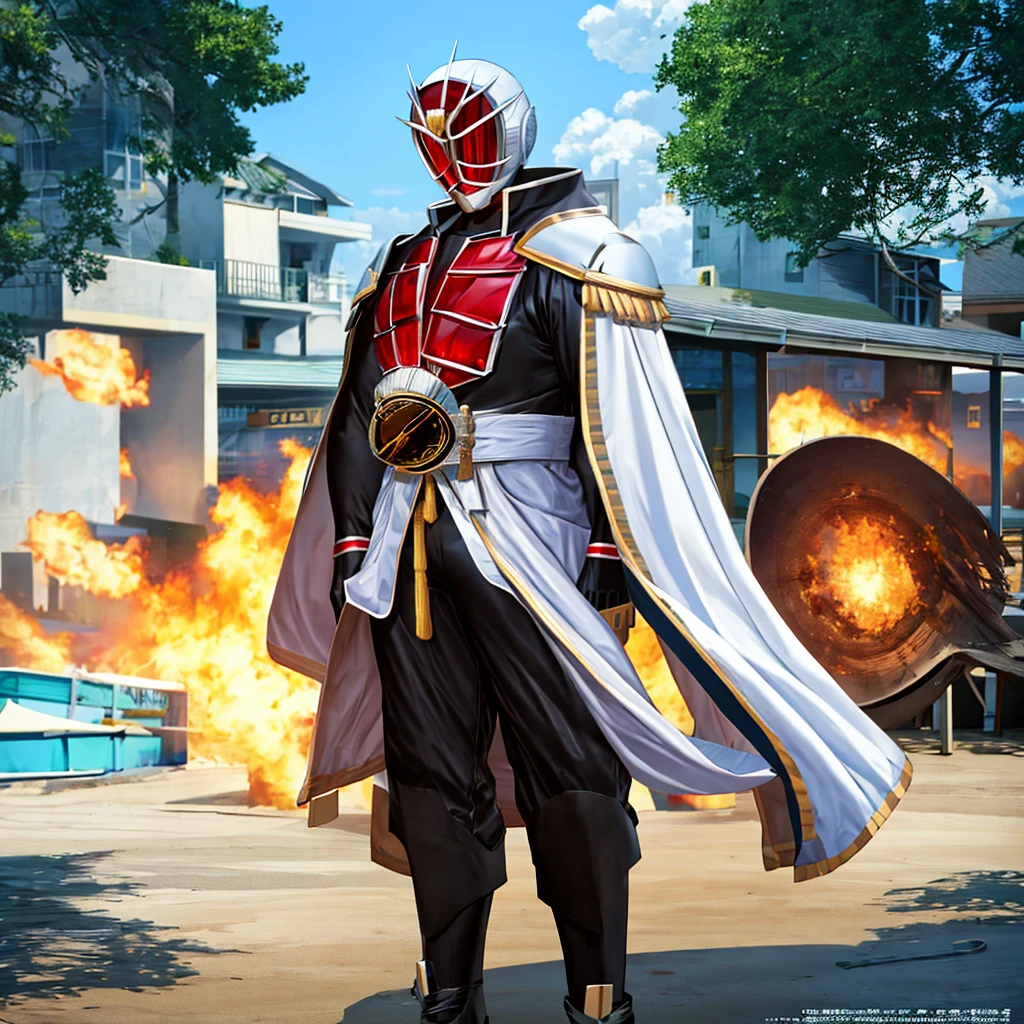 Masked Rider Wizard, One man, Muscle Body、(masterpiece), (Highest quality), (masterpiece:1.2, Highest quality), (Realistic, photoRealistic:1.4), ((Super detailed)), (Highly detailed CG illustrations), ((Very delicate and beautiful)),Cinematic Light, (Character Focus), sf, 16:Drawing to match widescreen image size 9、 Beautiful illustrations, (Natural Side Lighting, Cinema Lighting), Blue sky、blue sea、White cloud、Hot beach、White sand beach、ring、White head、Stocky build、Reach out、explosion、Beautiful standing posture、Cape、