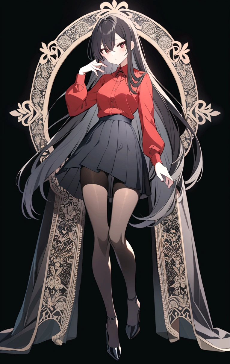 Anime, girl, long hair, wear red blus, black skirt, black long stocking/pantyhose, long leg and black strappy high heel