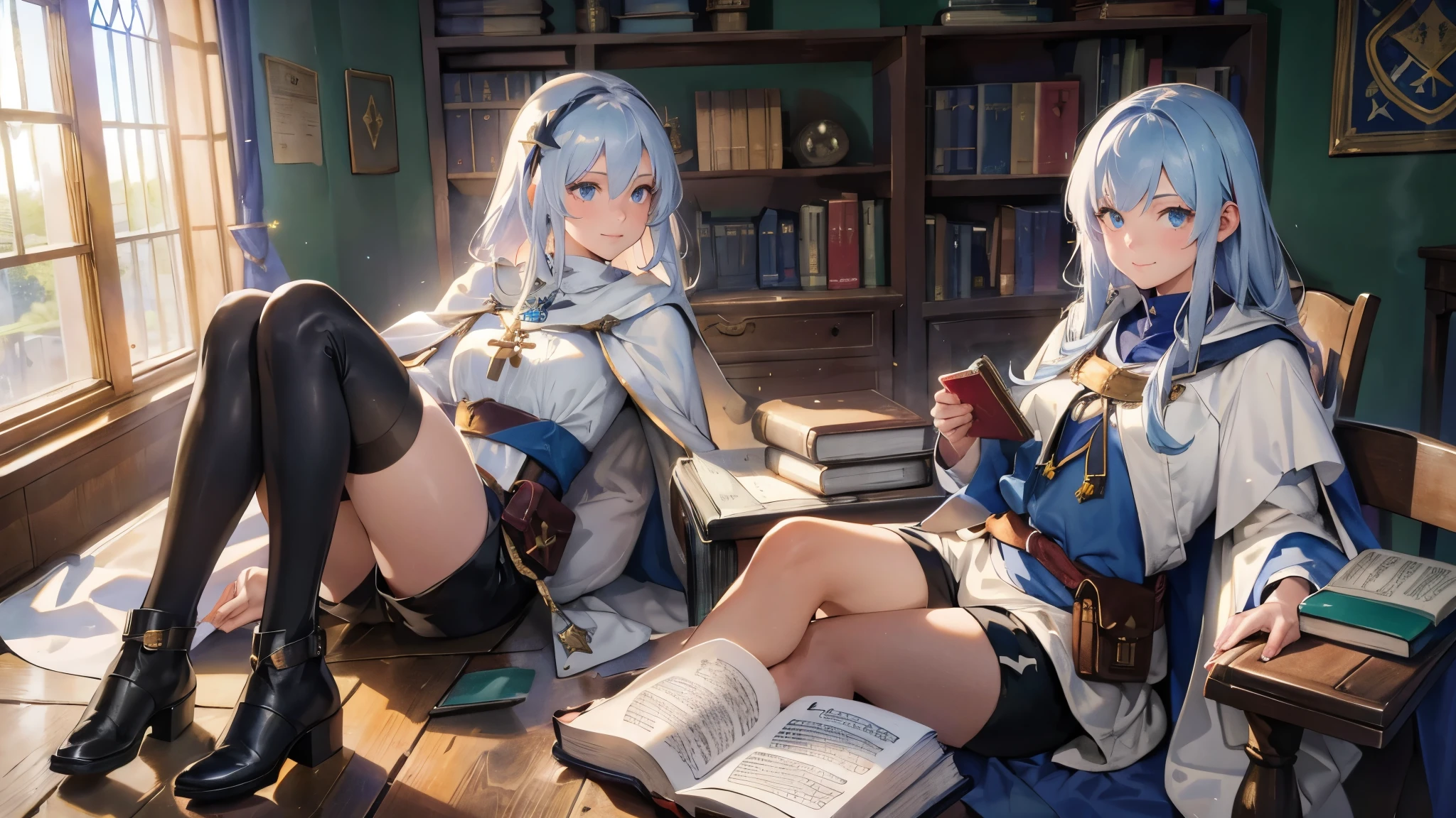 masterpiece, ultra detailed, 8K Portrait, Raw photo, (((((2 girls))))), girls photography, full body, Highly detailed face, ((Fantasy)), , (((classmates))), smile, various hairstyles and hair color, (((white long tunic with a single vertical blue line))), (((black shorts))), (((white cape with coat of arms))), (((little waist hip pouch))), leather boots, various pose, ((holding magic book)), In the classroom of the medieval magic school, sitting, Midday Sun, Hyper realistic, Ambient lighting, Shadow details , Camera focus on face, strong breeze, Light fog