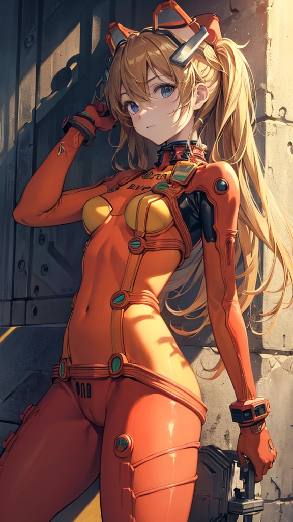 ((masterpiece,best quality, detailed)), against wall, souryuu asuka langley, test plugsuit, headgear,cameltoe,