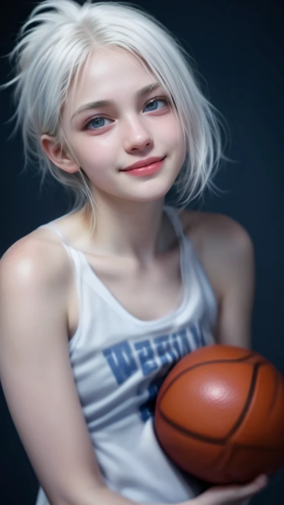 Basketball player, 16 year old girl with white hair, white skin and blue eyes, with an evil face smiling