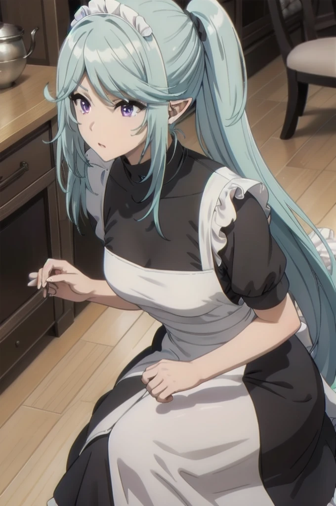 best quality, blue hair,,long hair,purple eyes,pointy ears,elf,,masterpiece, highres, solo, (maid:1.40), (long maid dress:1.15), anime_style, 14