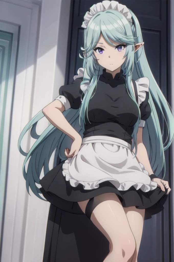 best quality, blue hair,,long hair,purple eyes,pointy ears,elf,,masterpiece, highres, solo, (maid:1.40), (long maid dress:1.15), anime_style, 14