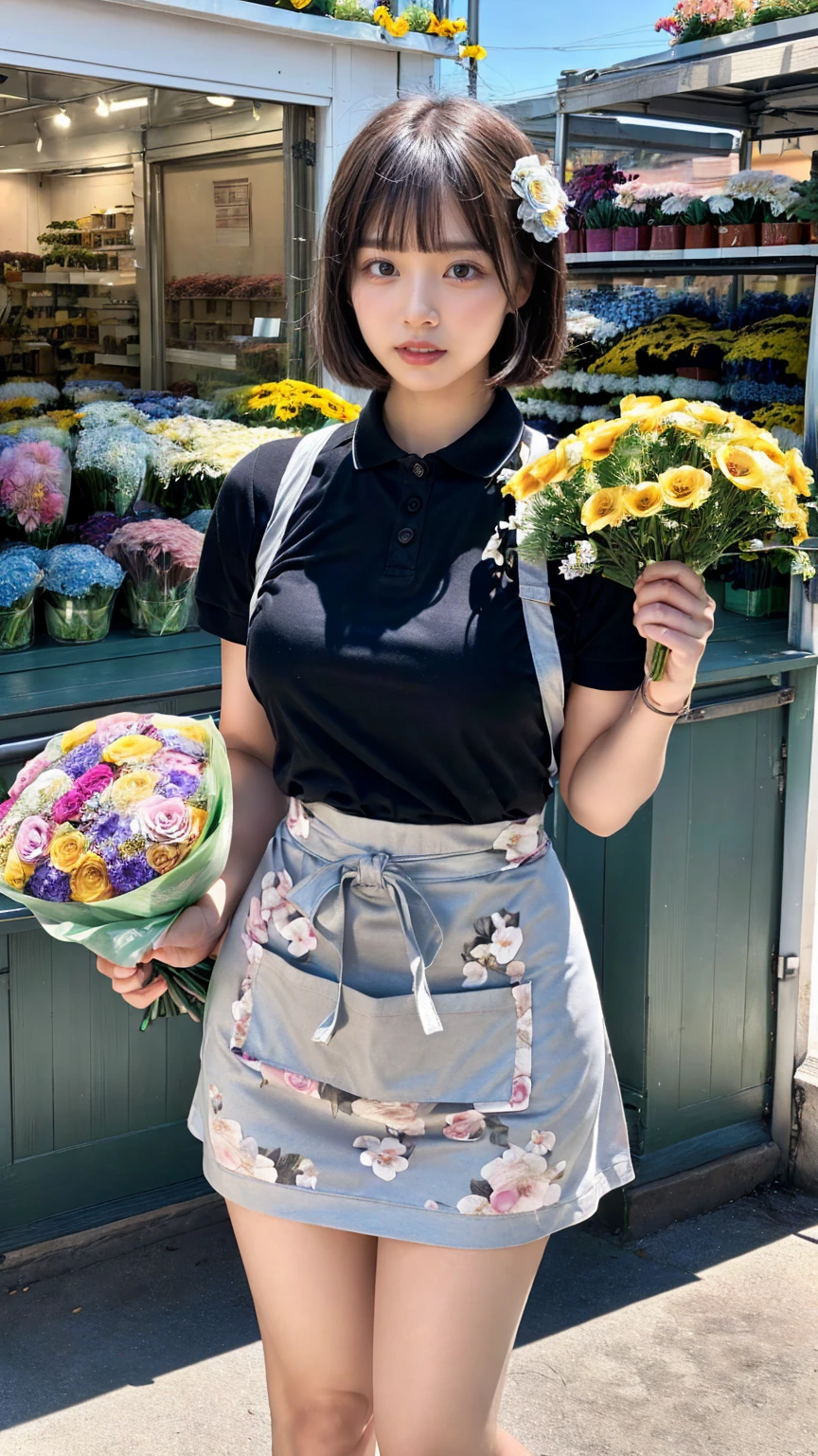 (8K, RAW Photos, Highest quality, masterpiece:1.2), (professional photography, full colors, studio-caliber color grading), (Gravure quality for high-end fashion magazines), close up, BREAK,18 year old girl, (short bob hair:1.1), crying a little, Harajuku style, Big Natural Color Lip, (Plumpy body:1.2), (smooth skin:1.1 (huge breasts:1.1 BREAK detailed cloth texture, break, (A tight polo shirt that expresses the roundness and softness of your chest.:1.2 (tight skirt:1.1 (black apron:1.2 BREAK (beautiful scenery), ((behind flower shop:1.2)), standing, ((hold a big bouquet:1.2)), (parted lips),
