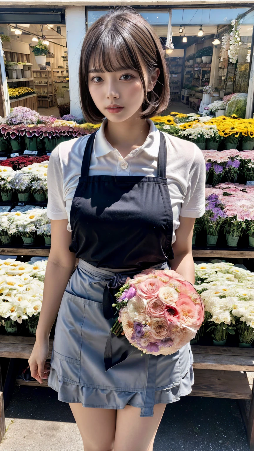 (8K, RAW Photos, Highest quality, masterpiece:1.2), (professional photography, full colors, studio-caliber color grading), (Gravure quality for high-end fashion magazines), close up, BREAK,18 year old girl, (straight hair:1.1), crying a little, Harajuku style, Big Natural Color Lip, (Plumpy body:1.2 (smooth skin:1.1 (huge breasts:1.1  BREAK detailed cloth texture, break, (A tight polo shirt that expresses the roundness and softness of your chest.:1 (tight skirt1.1 (black apron:1 BREAK (beautiful scenery), ((behind flower shop:1)), standing, ((hold a big bouquet:1)), (parted lips), 