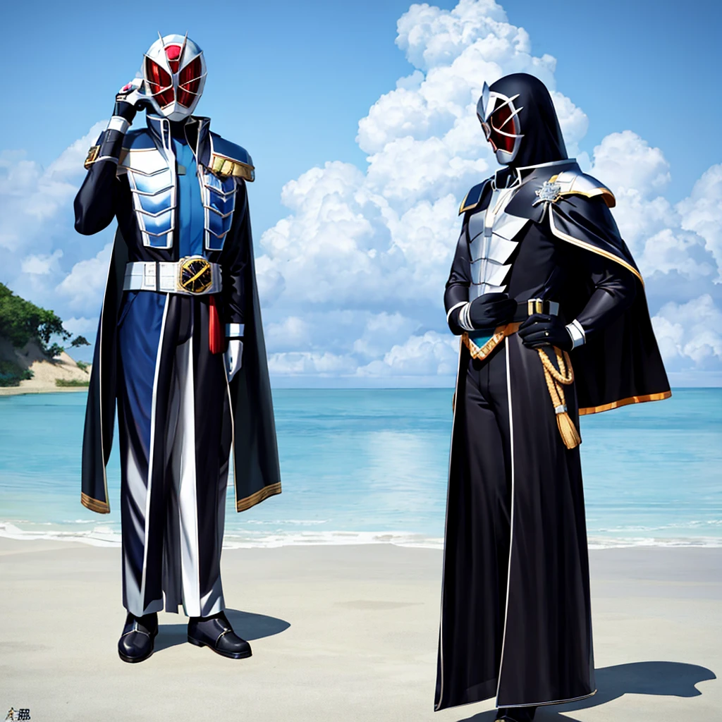 Masked Rider Wizard, One man, Muscle Body、(masterpiece), (Highest quality), (masterpiece:1.2, Highest quality), (Realistic, photoRealistic:1.4), ((Super detailed)), (Highly detailed CG illustrations), ((Very delicate and beautiful)),Cinematic Light, (Character Focus), sf, 16:Drawing to match widescreen image size 9、 Beautiful illustrations, (Natural Side Lighting, Cinema Lighting), Blue sky、blue sea、White cloud、Hot beach、White sand beach、ring、White head、Stocky build、Reach out、explosion、Beautiful standing posture、Cape、