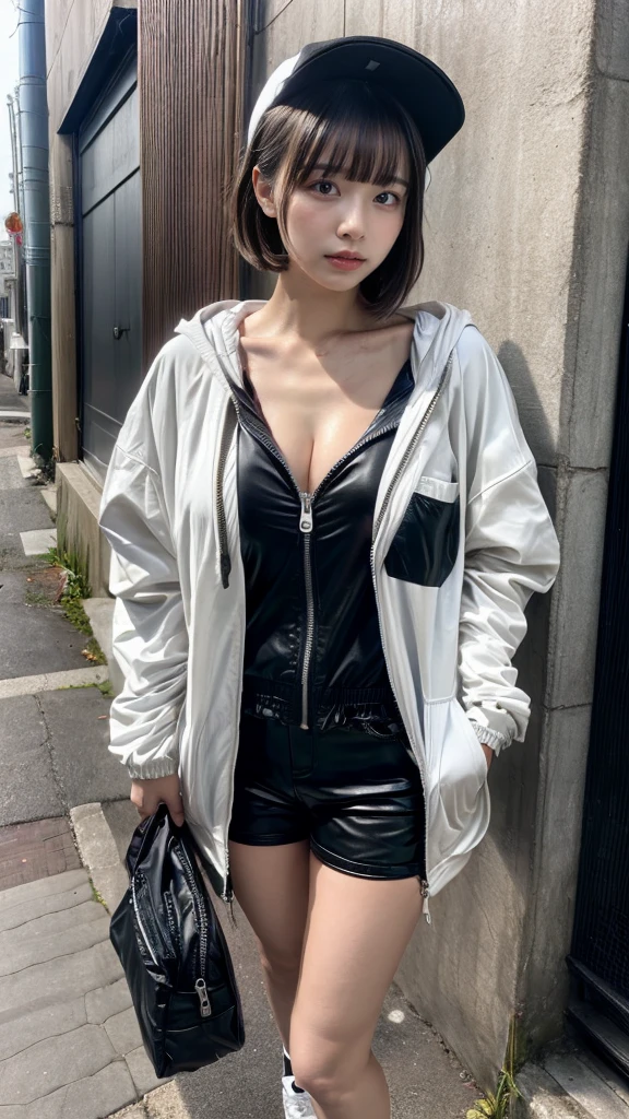 Masterpiece, 8K, award-winning photos, photorealistic, realistic, ultra detailed, ultra high definition, ray tracung, _ the most beautiful, Gravure quality for high-end fashion magazines, 22 years old ,(sexy,Japanese idol, gray hair, short hair),shiny skin , detailed skin , detailed face , perfect anatomy, 1girl
_
BREAK (droopy eyes, Natural makeup:1.2),light color, crying a little, Harajuku style, huge breasts, 
_
glowing blue eyes, tan skin,
_
BREAK (black and White theme:1.4), (oversized and baggy black outerwear:1.3), (fusion of black windbreaker and White hoodie:1.4), (black Nylon:1.4), ((zipper, large pocket):1.3), BREAK (black and white :1.2), (black platform high-cut sneakers:1.2),(Black leather short pants),(baseball cap),
 Inorganic concrete studio with windows, highly detailed background, , ultra-realistic textures, dramatic lighting ,raw photo, _(dutch angle and curtsey ,on side:1.2), looking at viewer,