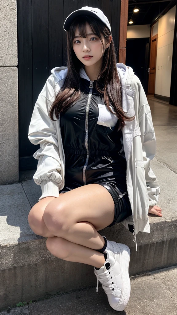 Masterpiece, 8K, award-winning photos, photorealistic, realistic, ultra detailed, ultra high definition, ray tracung, _ the most beautiful, Gravure quality for high-end fashion magazines, 22 years old ,(sexy,Japanese idol, gray hair, short hair),shiny skin , detailed skin , detailed face , perfect anatomy, 1girl
_
BREAK (droopy eyes, Natural makeup:1.2),light color, crying a little, Harajuku style, huge breasts,
_
glowing blue eyes, tan skin,
_
BREAK (black and White theme:1.4), (oversized and baggy black outerwear:1.3), (fusion of black windbreaker and White hoodie:1.4), (black Nylon:1.4), ((zipper, large pocket):1.3), BREAK (black and white :1.2), (black platform high-cut sneakers:1.2),(Black leather short pants),(baseball cap),
Inorganic concrete studio with windows, highly detailed background, , ultra-realistic textures, dramatic lighting ,raw photo, _(dutch angle and curtsey ,on side:1.2), looking at viewer,