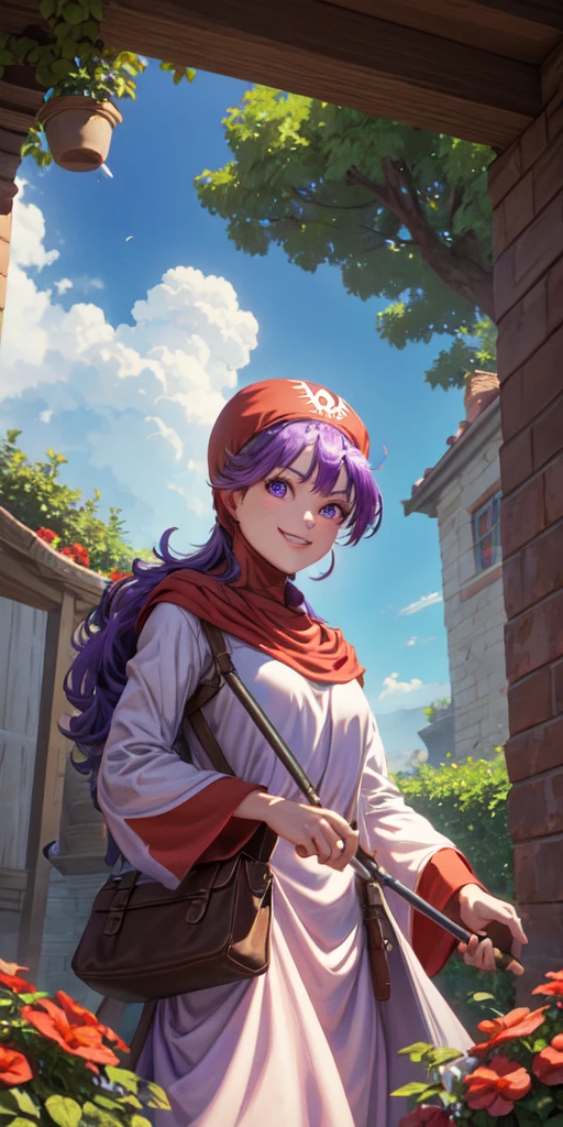 masterpiece, best quality, dqPom, red hood, purple hair, robe, cowboy shot, standing, holding staff, sky, garden, looking at viewer, from below, smile