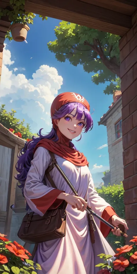 masterpiece, best quality, dqpom, red hood, purple hair, robe, cowboy shot, standing, holding staff, sky, garden, looking at vie...