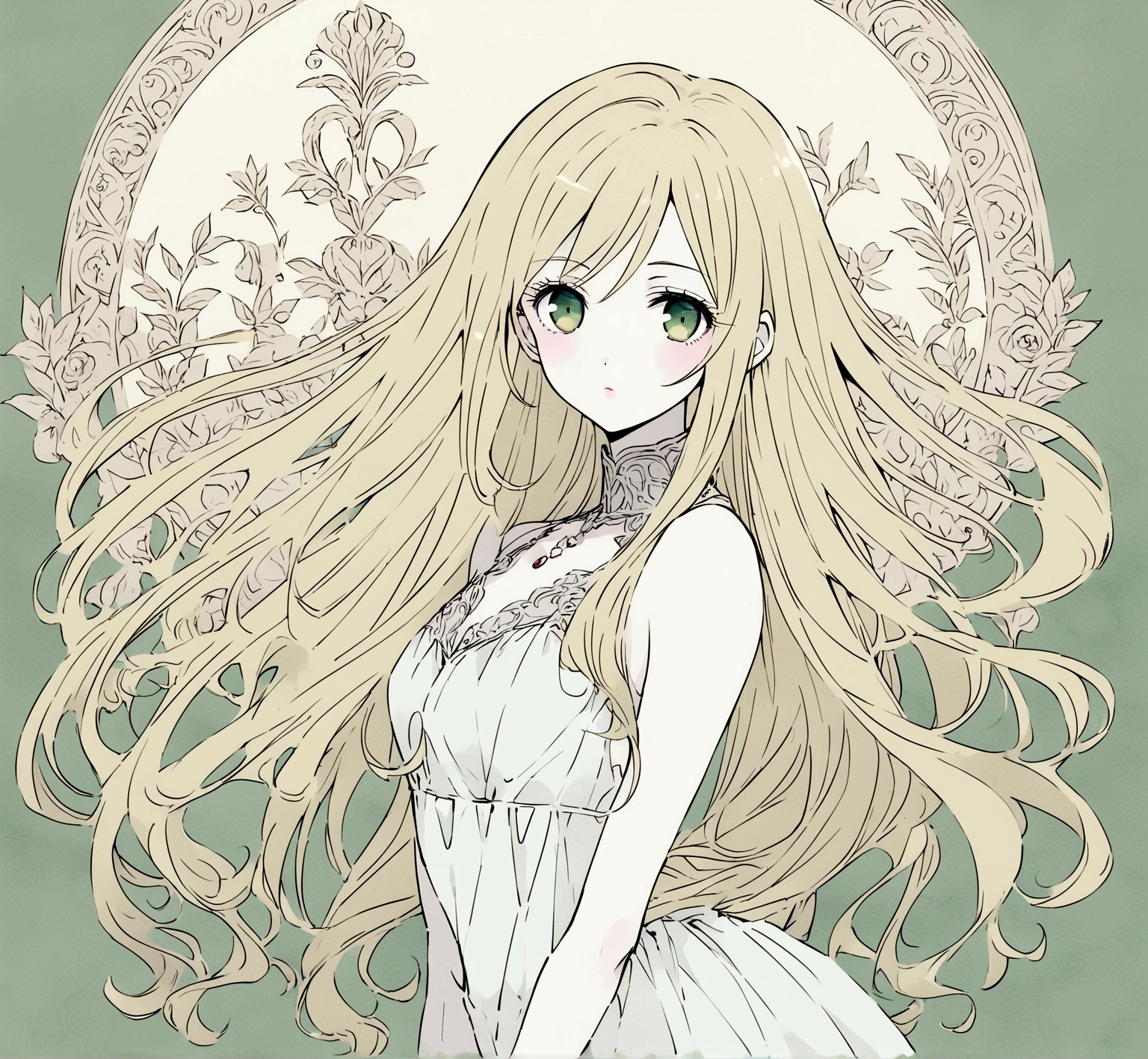 Female character with drawing style by Ai Yazawa (Creator of Mangas like Nana or Paradise Kiss) with long straight blonde hair, grayish green eyes, pale skin, white clothes and slim build.