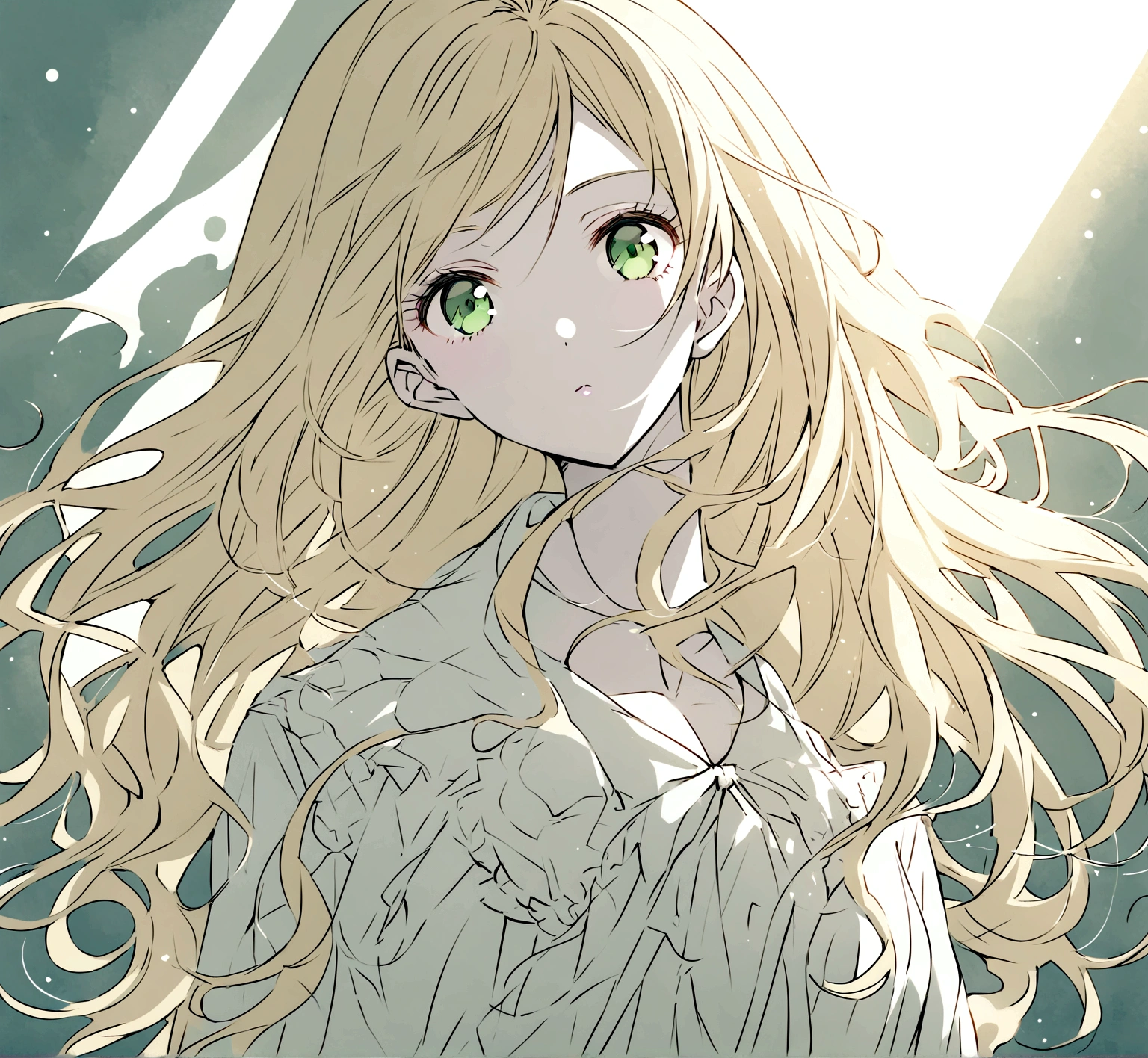 Female character with drawing style by Ai Yazawa (Creator of Mangas like Nana or Paradise Kiss) with long straight blonde hair, grayish green eyes, pale skin, white clothes and slim build.