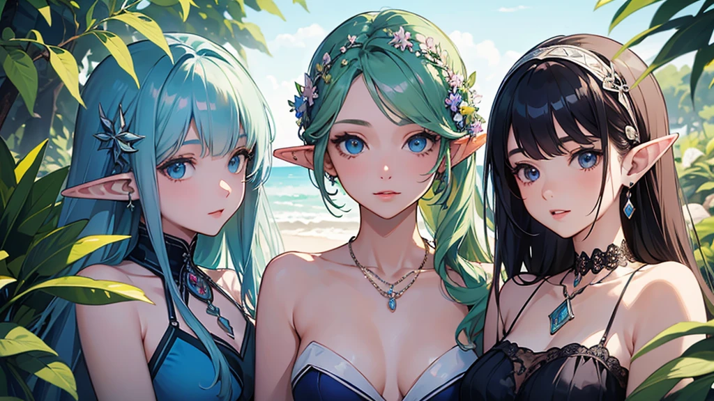 Four girls elf, big boobs, bikini, green blue hair, eyes, blush, at the beach, skinny, small waist,