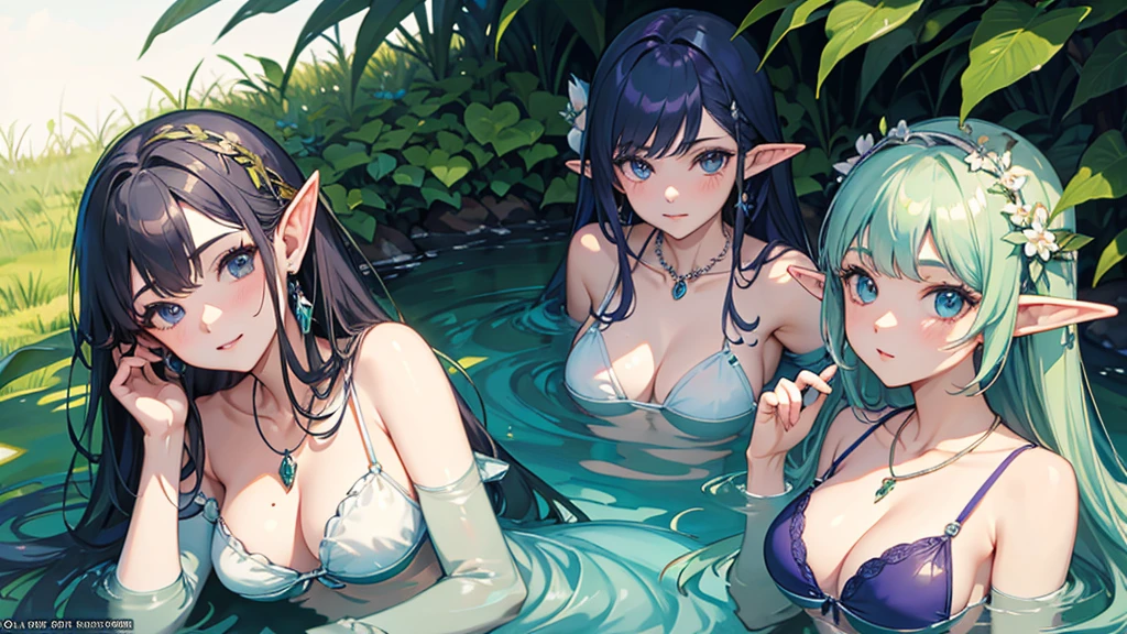 Elf、Official Art,(最high quality, masterpiece:1.2), Portrait Photography、3 Girls, 最high quality, masterpiece, High resolution, [purple|Sliver|green] _hair, Swimsuit accessory, necklace, jewelry, Beautiful Face, I&#39;m looking forward to, Full body image, Realistic, Outdoor, Modern Pool, Two-tone lighting, (Skin with attention to detail: 1.2), 8K Ultra HD, Digital SLR, Soft Light, high quality, Volumetric Light, Frank, RAW Photos, High resolution, 4K, 8K, Background Blur