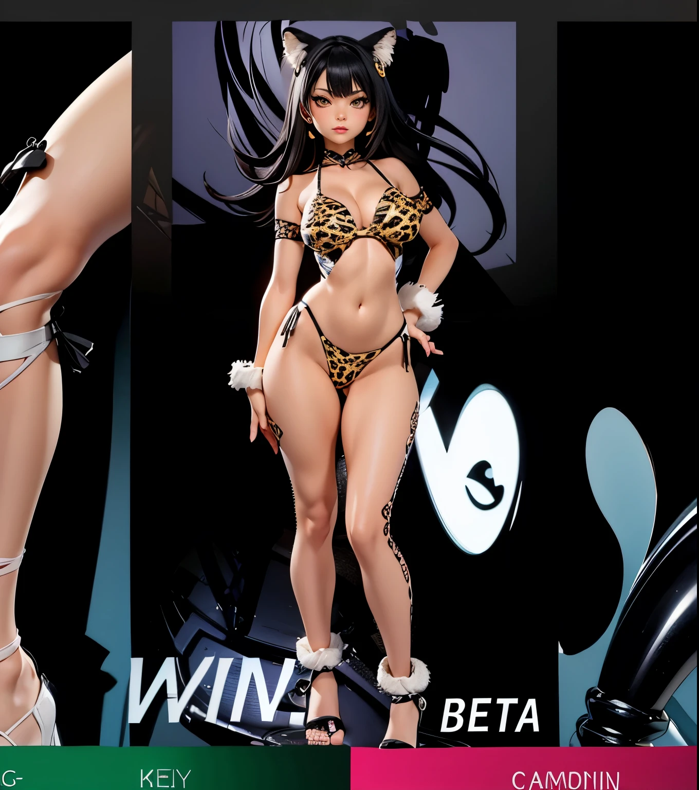 a close up of a woman in a striped white thong bikini, female, video game character, anime girl, shy blush, thong, t-Back, highheels, model pose, chocker, cameltoe, big ass, big thighs, tanned, toned body, detailed anatomy, anatomically correct, highcut leotard, highleg leotard, glossy lipstick, yellow eyes, leopard eyes, highleg, g-string leotard, full body shot, high_res, high tension, stretched fabric, wedge, high_resolution, very_detailed, cameltoe, masterpiece, best quality, absurdres, highres, 4k, ray tracing, intricate details, highly detailed, big breasts, huge ass, ultra sexy, very high detail, detailed clothing, detailed textures, full body in shot, color harmony, pleasent colors, vibrant, makeup, mascara, eyeliner, eyeshadow, detailed face, ecchi style, NSFW, lewd, skintight, long hair,