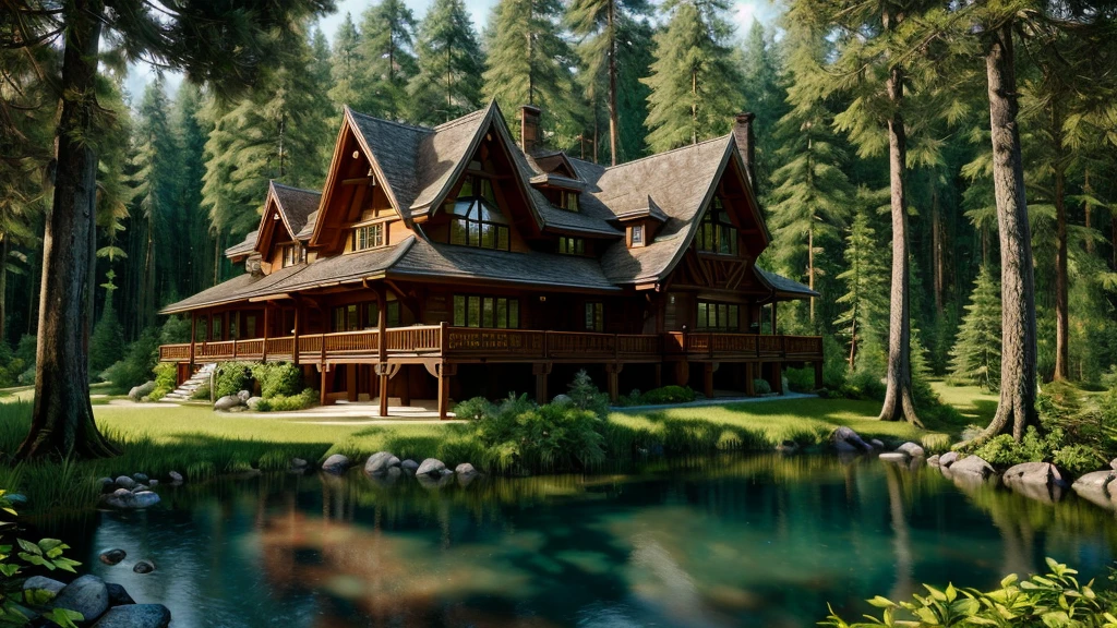 a luxury house in the middle of the forest, hyper realistic with a beautiful view with lots of details, 8k
