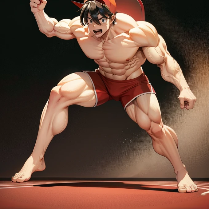 (A detailed drawing of red with a red baseball cap on his head , Bodybuilding-Fitnessstudio.), With a naked torso, oiled body, Ripping clothes, the strongest of all, huge muscular body, big Bizeps, big shoulders, Muscle legs,abs, Barefoot, Martial arts, high step, Full body image, side chest, Wrestling match won , beserk