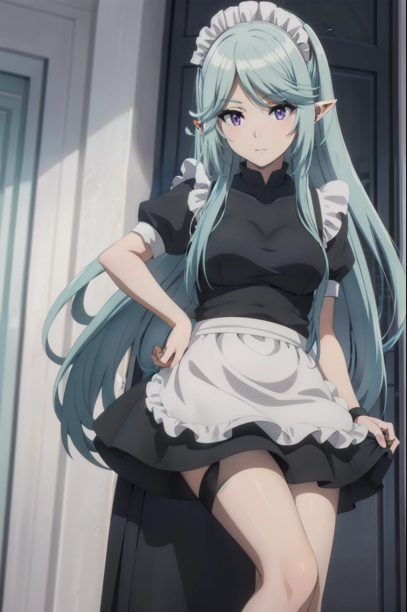 best quality, blue hair,,long hair,purple eyes,pointy ears,elf,,masterpiece, highres, solo, (maid:1.40), (long maid dress:1.15), anime_style, 14
