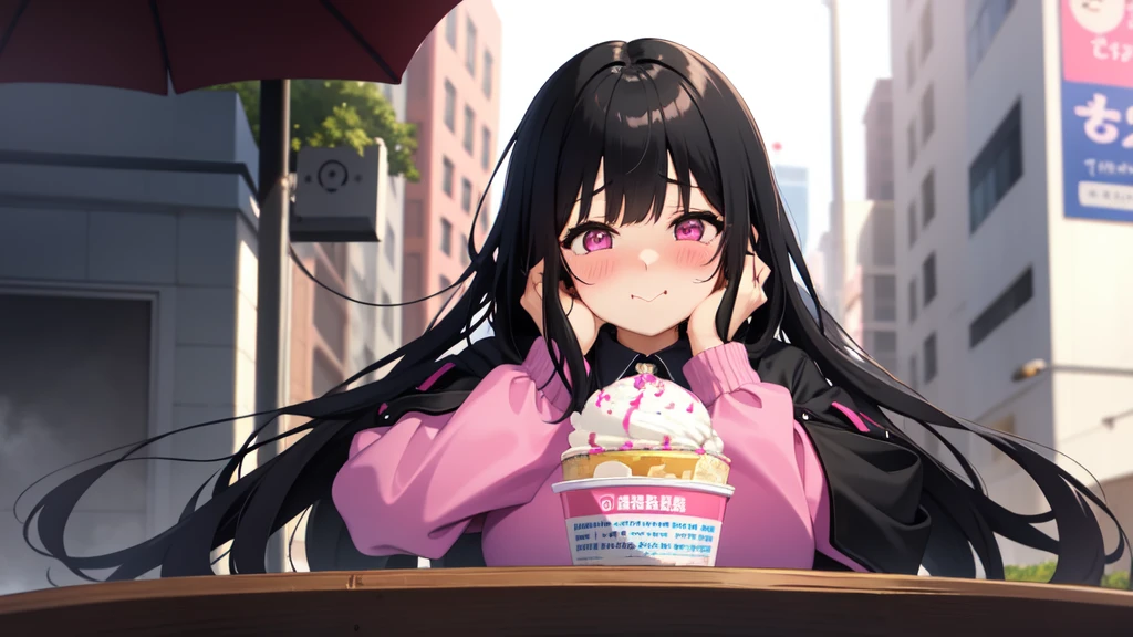 One girl,Black Hair,Pink eyes,(blush:1.1)、Embarrassed face、 ((Heavy breathing:1.3)), like, smile、Big Breasts、whole body,I'm eating ice cream,Sexy pose