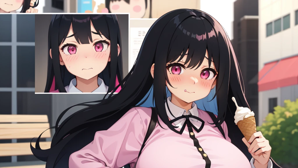 One girl,Black Hair,Pink eyes,(blush:1.1)、Embarrassed face、 ((Heavy breathing:1.3)), like,  smile、Big Breasts、whole body,I'm eating ice cream,Sexy pose