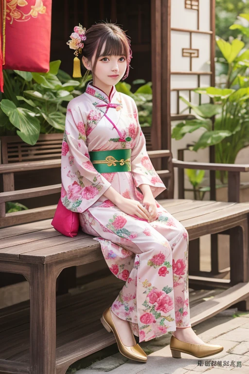 Highest quality、masterpiece、Super detailed、girl1name、Young children、Chinese style、Illuminated by the summer sun、lotusの池のふもとで、Chinese clothing、Lotus flower、lotus、Pink Dress、Red color cloth button、Green haori、Gold Patterned Haori、lotusの絵、Floral ornament、Golden ribbon、Chinese styleの靴、Colorful shoes、Cloth shoes、Strap shoes、Short Hair、lotusの花の髪飾り、Pink Hair
