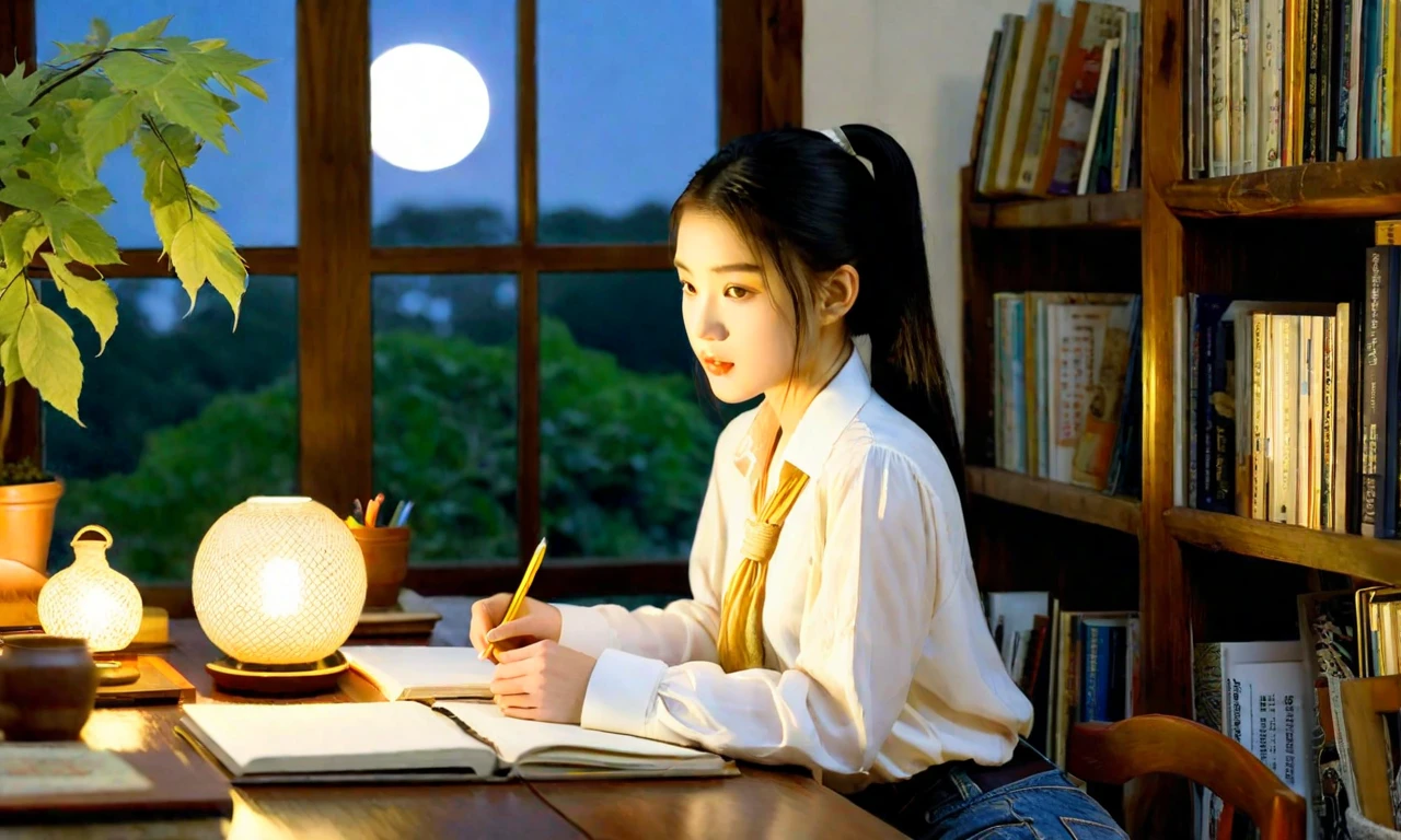 A asian young girl with long black hair tied in a ponytail, wearing a white blouse and blue jeans, is studying diligently at a wooden desk in a cozy library. She is surrounded by shelves filled with books, and her desk is cluttered with textbooks, a laptop, and a cup of tea. A night light from a vintage lamp illuminates her focused face as she takes notes in a notebook. Tall windows offer a view of a leafy garden outside, moon light, with the soft glow of the setting sun casting gentle shadows. The atmosphere is quiet and peaceful. v 6,ar 16:9,q 2,style photorealistic,lighting soft and warm,details intricate,expression focused,background detailed