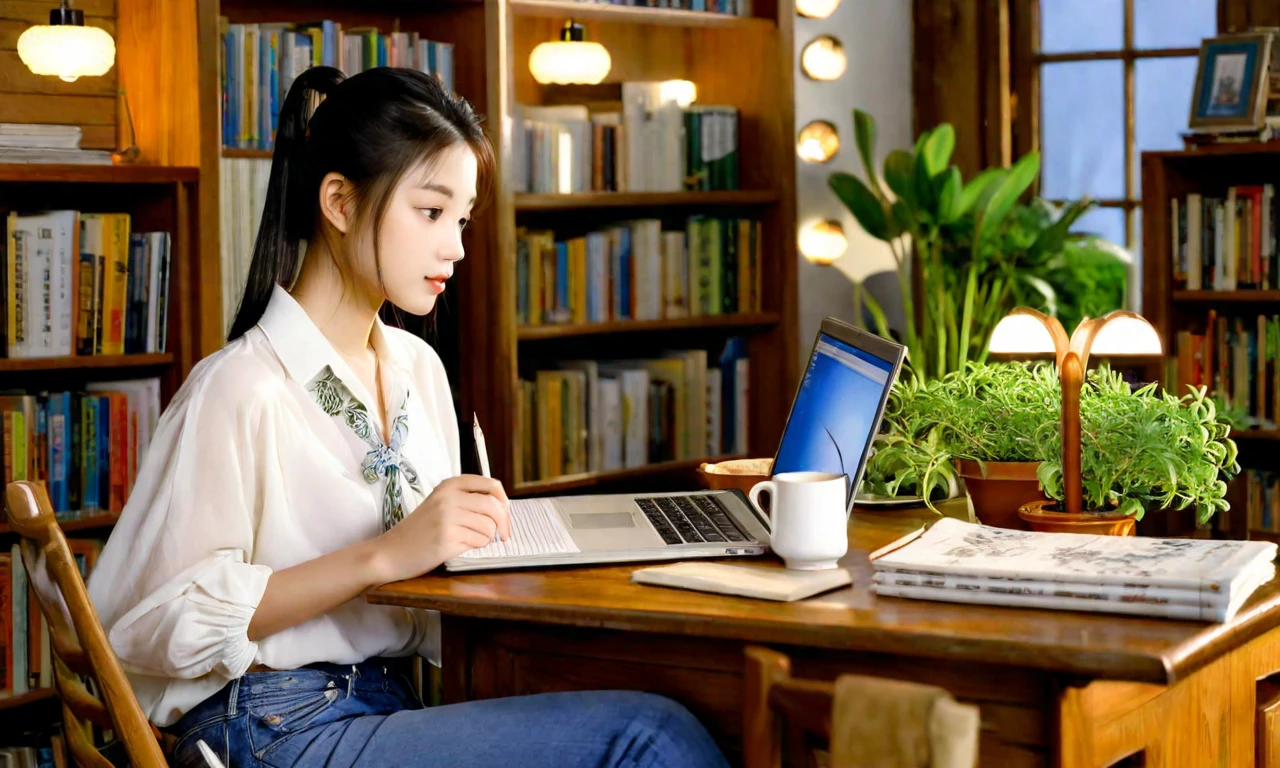 A asian young girl with long black hair tied in a ponytail, wearing a white blouse and blue jeans, is studying diligently at a wooden desk in a cozy library. She is surrounded by shelves filled with books, and her desk is cluttered with textbooks, a laptop, and a cup of tea. A night light from a vintage lamp illuminates her focused face as she takes notes in a notebook. Tall windows offer a view of a leafy garden outside, moon light, with the soft glow of the setting sun casting gentle shadows. The atmosphere is quiet and peaceful. v 6,ar 16:9,q 2,style photorealistic,lighting soft and warm,details intricate,expression focused,background detailed