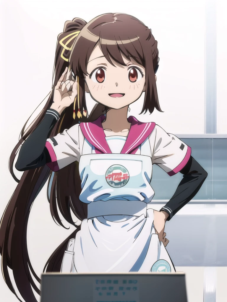 solo, 1girl, looking at viewer, sketch, flat colors, 2D, anime, anime coloring, upper body, (solid white background:1.3), tsuruno yui, sailor collar, serafuku, apron, layered sleeves, hair ribbon, smile