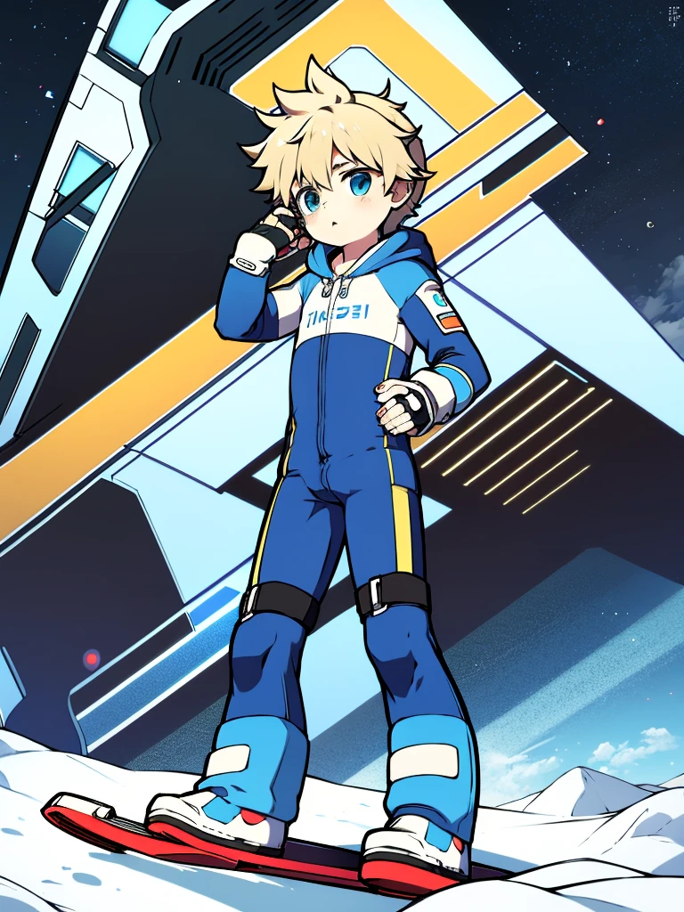 shota,One-piece ski suit,long slim figure,protective goggles,Fingerless gloves,The stands up,rabbitears