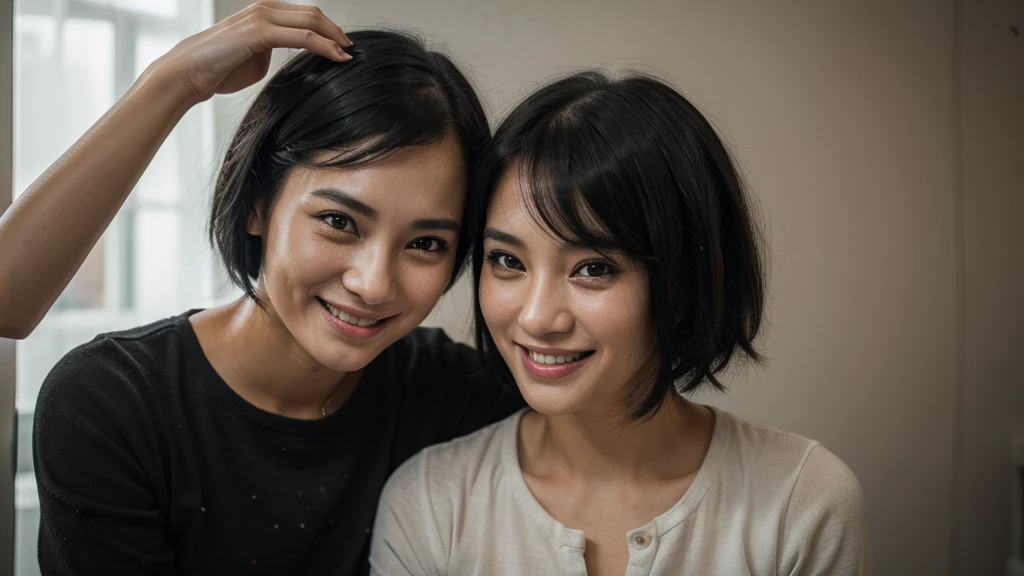 (extremely detailed 8k wallpaper), (30 years old woman with her daughter), fine focus, ((south-east Asian)), (subsurface dispersion:1.1), (((short black hair))), expression ((smiling)), award-winning photography, in a house.