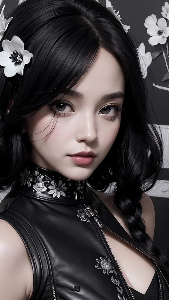 Black and white 1 black doll with flowers, flowers in background, leather on dress with flowers, your art in fine ink, comic style, portrait of black, Marilyn Munroe, long black hair, Glamour de Hollywood, beautiful line art, black and white comic style, manga style, manga art style, pencil and ink caricature drawing, black and white coloring
