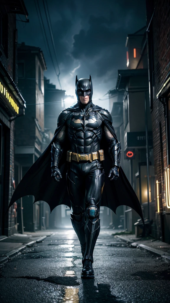 Masterpiece, best quality, NVIDIA RTX, sharp picture, ultra details, cinematic lightning, cybernetic batman:1.3, luminous, perfect face details, proportional body, facial hair, cape blown by strong winds:1.3, symmetrical pose, ((full body)), epic lights reflections, night, dark alley, fogs