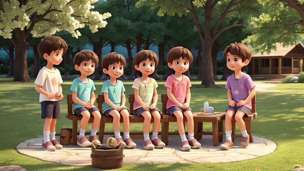 a small group of friends gathered talking in a quiet place. are wearing summer clothes. there are two boys and three girls. They are happy.