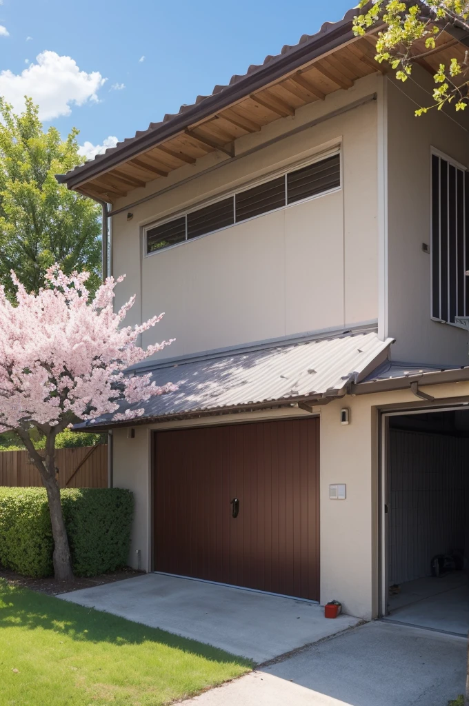 2d art of a garage with a cherry tree behind