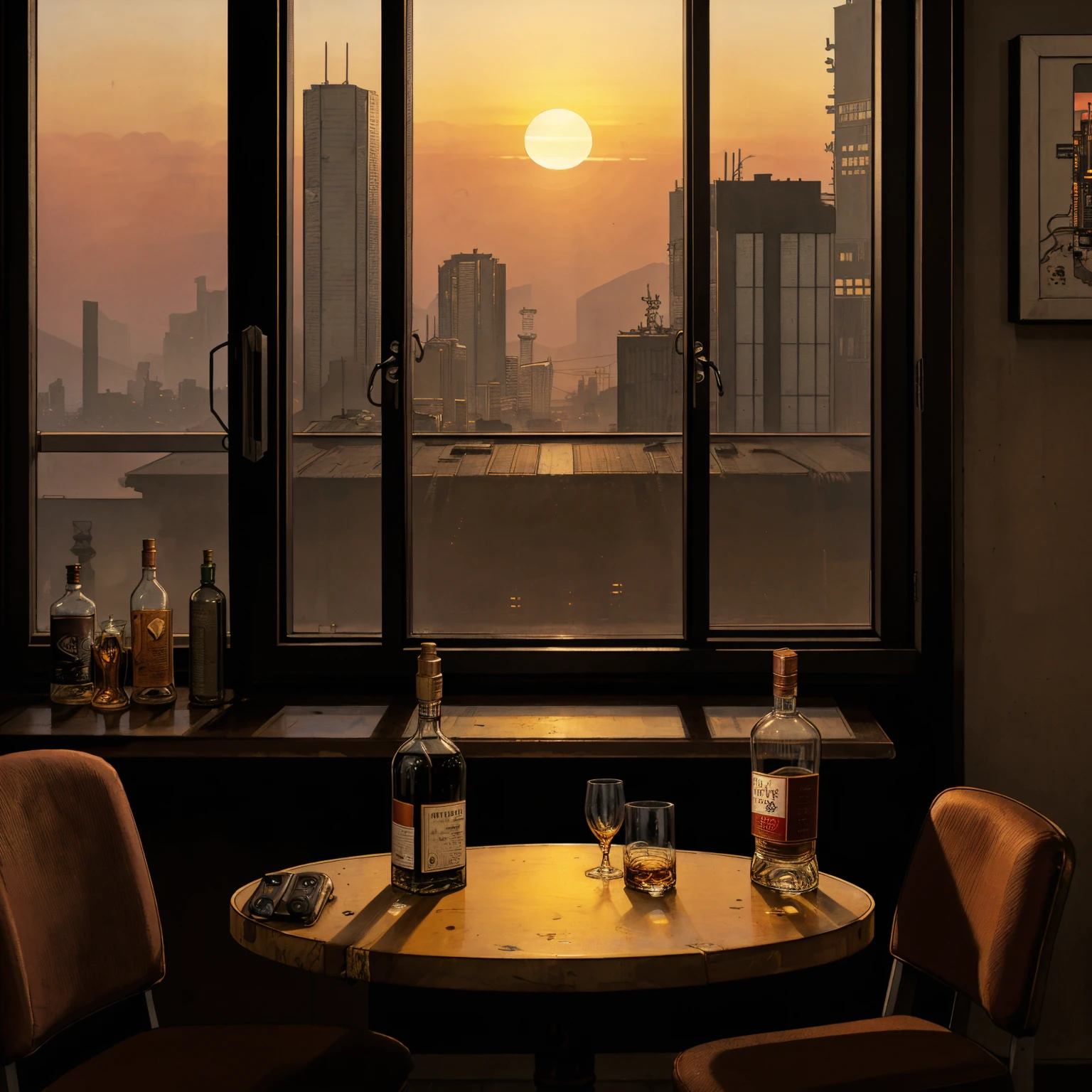 (masterpiece), (cyberpunk living room), (indoor), (window), (sunset), (cyberpunk city), (realistic illustration), (cinematic), (looking out the window), (one liquor bottle,  one whiskey glass on table), (a headphone on table)