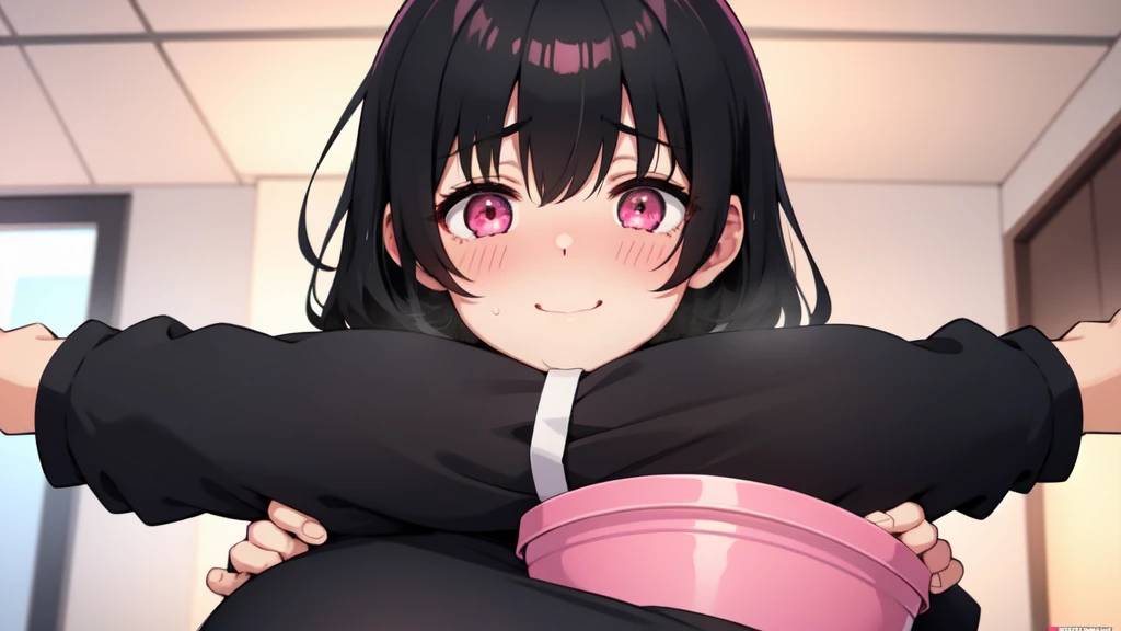 One girl,Black Hair,Pink eyes,(blush:1.1)、Embarrassed face、 ((Heavy breathing:1.3)), like, smile、Big Breasts、whole body,I'm eating ice cream,Sexy pose