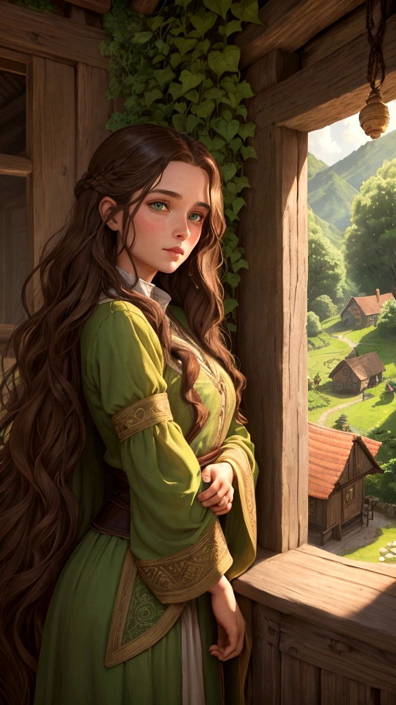 "In a small village surrounded by lush forests, Elara, a  human woman with long, wavy brown hair and green eyes, lives in a modest cottage reflecting her humble lifestyle."
