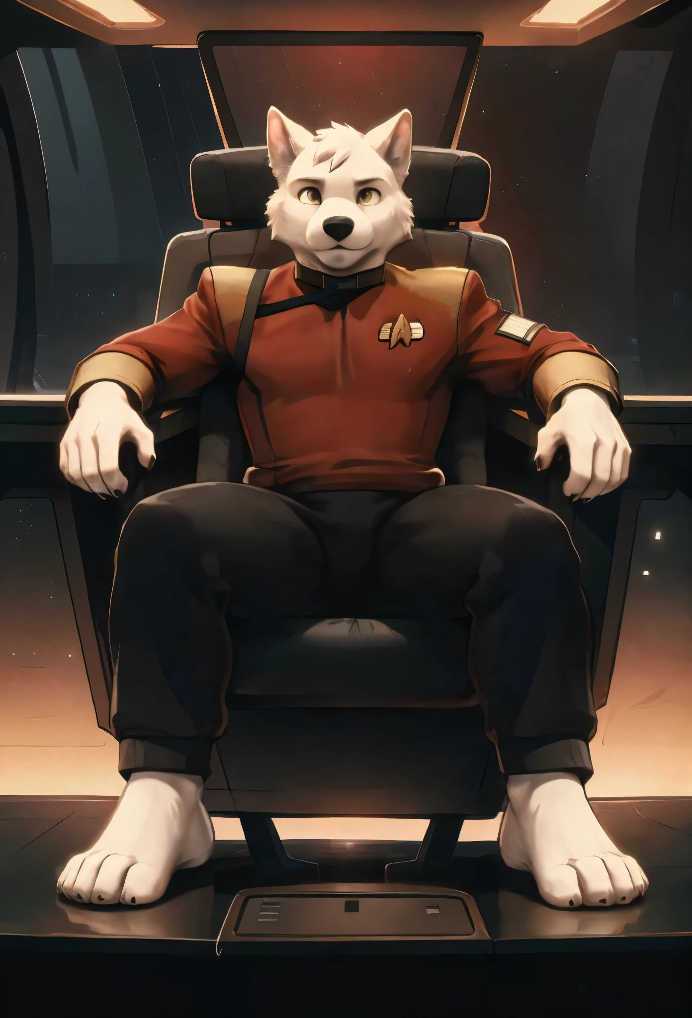 (((Barefoot furry character, full body, cinematic setting, furry male, plantigrade))) 

(((Bolt))) (anthro dog with white fur, very cute and young looking face, big black snout), exudes confidence and authority as he sits in the captain's chair, and his (((Star Trek uniform))) with the Starfleet Delta badge on his chest is a perfect match for his muscular figure. Handsome clawed feet paws dominate the bridge of the star ship and its crew. ((Bridge of Star Trek starship with many screens and consoles as background)), futuristic look, metalic. anatomically correct, Long black pants, red shirt of security officer. (((twokunf uniform)))

BREAK, intricate details, highly detailed, extreme detail, octane render, fine art, best quality, highres, (detailed face:1.5), ((full_body)), UHD, (((perfect hands))), low light