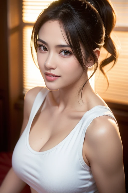 a gorgeous busty woman, ponytail, tanktop, beautiful detailed smile, beautiful detailed teeth, POV, lover, cinematic dramatic lighting, (best quality,4k,8k,highres,masterpiece:1.2),ultra-detailed,(realistic,photorealistic,photo-realistic:1.37),HDR,UHD,studio lighting,ultra-fine painting,sharp focus,physically-based rendering,extreme detail description,professional,vivid colors,bokeh,portrait,photorealistic,cinematic