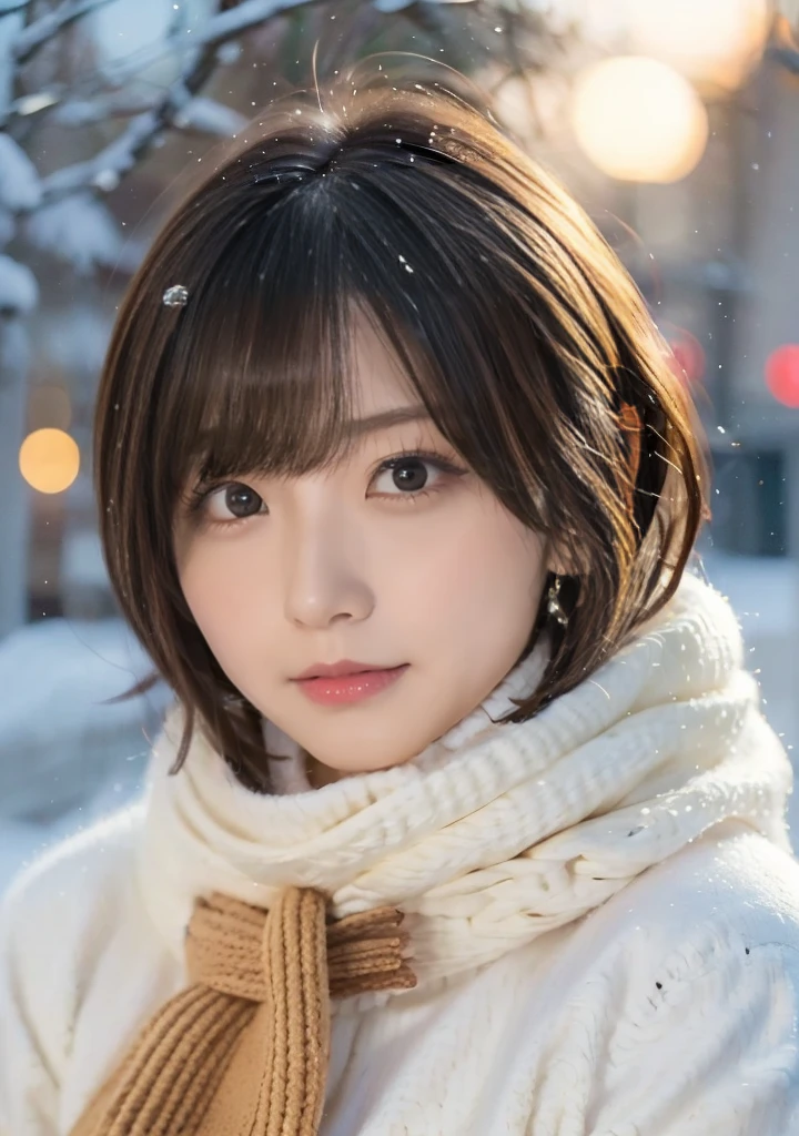 Fluffy scarf、Medium Short Hair、White breath expression、Photo from the waist up、Night city illumination shot、Cowgirl Shot、Fur coat、豪華なグレーのミンクのFur coat、Wear fine leather boots、Luxury Bags、Inner turtleneck、Silver necklace and small silver earrings Millionaire style:1.4))、Full body photo、smile、 Caustics、Highly detailed photos、Very beautiful woman 、Ample breasts、No makeup、(8K、RAW Photos、Highest quality、masterpiece:1.2)、(Realistic、Realistic)、1 Girl、((Medium Short Hair、Midwinter、Cold region Snow falling、The wind is blowing、Fluttering Hair、Blur the background、Colorful illuminations、Looking into the camera:1.4))、