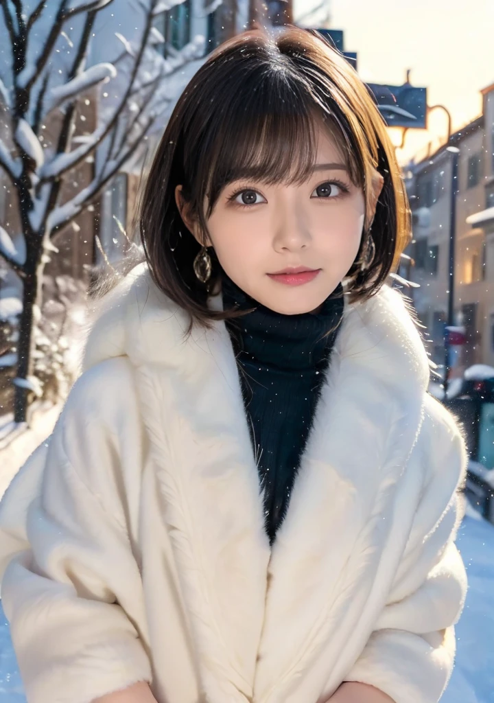 Fluffy scarf、Medium Short Hair、White breath expression、Photo from the waist up、Night city illumination shot、Cowgirl Shot、Fur coat、豪華なグレーのミンクのFur coat、Wear fine leather boots、Luxury Bags、Inner turtleneck、Silver necklace and small silver earrings Millionaire style:1.4))、Full body photo、smile、 Caustics、Highly detailed photos、Very beautiful woman 、Ample breasts、No makeup、(8K、RAW Photos、Highest quality、masterpiece:1.2)、(Realistic、Realistic)、1 Girl、((Medium Short Hair、Midwinter、Cold region Snow falling、The wind is blowing、Fluttering Hair、Blur the background、Colorful illuminations、Looking into the camera:1.4))、