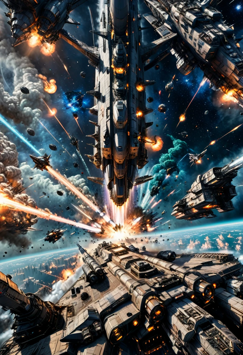 (Space War), sci-fi style, two massive interstellar fleets fiercely engage in a firefight on the planet's orbit, with laser beams and explosions piercing through the dark space. The exploding flames reflect the details of the battleship's steel shell, with a background of starry sky and planets, (panoramic view), award-winning, cinematic still, emotional, vignette, dynamic, vivid, (masterpiece, best quality, Professional, perfect composition, very aesthetic, absurdres, ultra-detailed, intricate details:1.3)