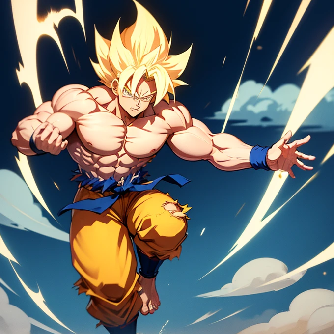 A detailed anime-style drawing of Son Goku as a Super Saiyan. blond hair, Big muscles, Bodybuilder body, Bare torso, barefoot, sole of the foot, Toes. tense biceps, torn pants, Muscle legs, Calf muscles, dynamic fighting pose, big muscles, muscles flexing
