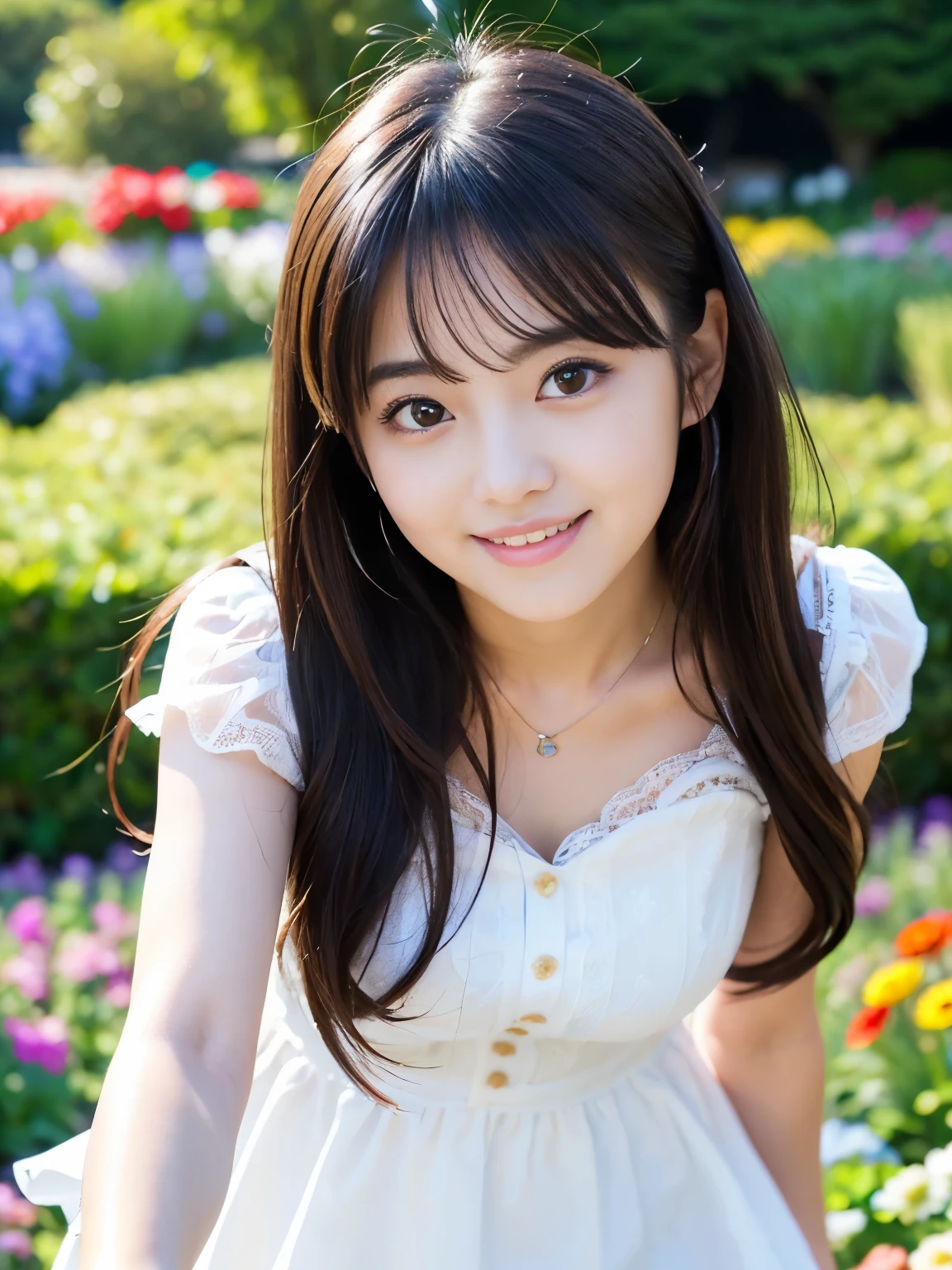 (Best-quality, Masterpiece, Ultra-High-Resolution, (Photorealistic:1.4), Raw Photo, depth of field, professional lighting, perfect anatomy, extremely details), 1girl, 15-years-old, the most famous Japanese idol, (((Running wild at flower garden, from below))), ((wearing extremely cute-lacy casual-dress with cute-design)), (extremely cute and extremely childish face like the most popular Japanese idol,((extremely cute and extremely big eyes)), extremely beautiful black-long-hair, ((extremely beautiful skins)), extremely cute long-eyelashes, extremely cute lips, extremely cute legs), ((innocent smile))