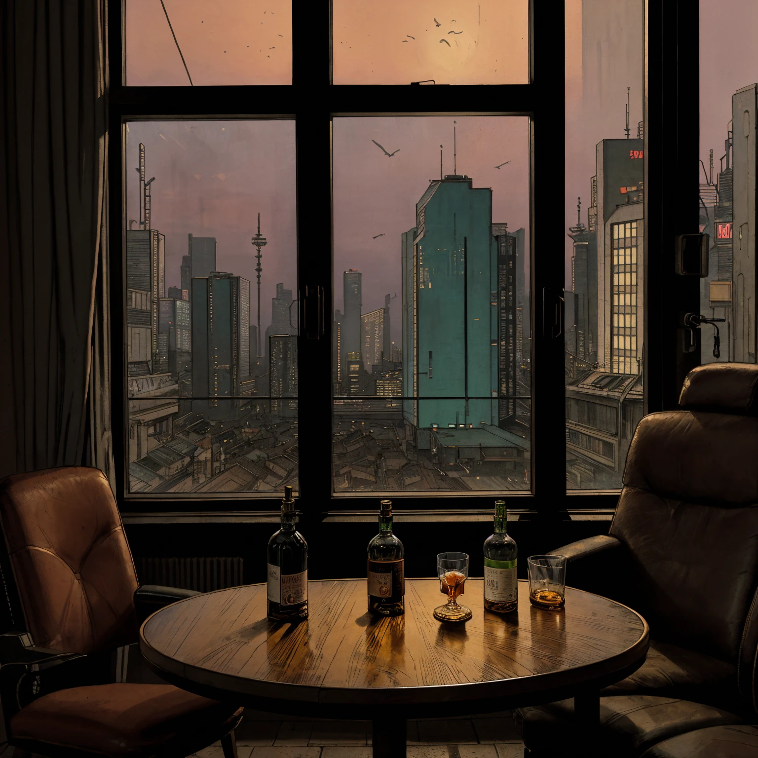 (masterpiece), (cyberpunk living room), (indoor), (window), (dusk), (cyberpunk city), (realistic illustration), (cinematic), (looking out the window), (one liquor bottle, one whiskey glass on table), (a headphone on table)