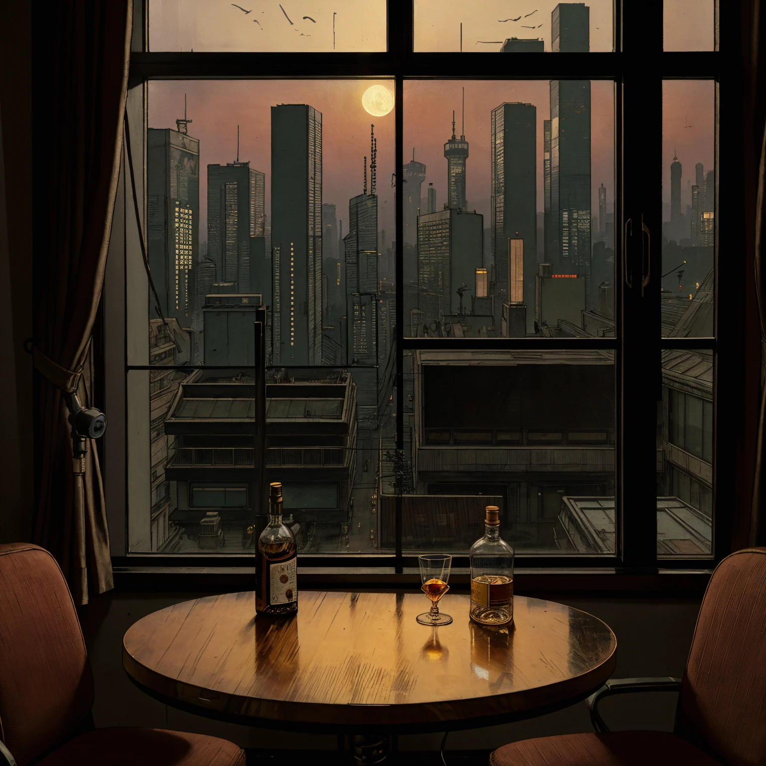 (masterpiece), (cyberpunk living room), (indoor), (window), (dusk), (cyberpunk city), (realistic illustration), (cinematic), (looking out the window), (one liquor bottle, one whiskey glass on table), (a headphone on table)