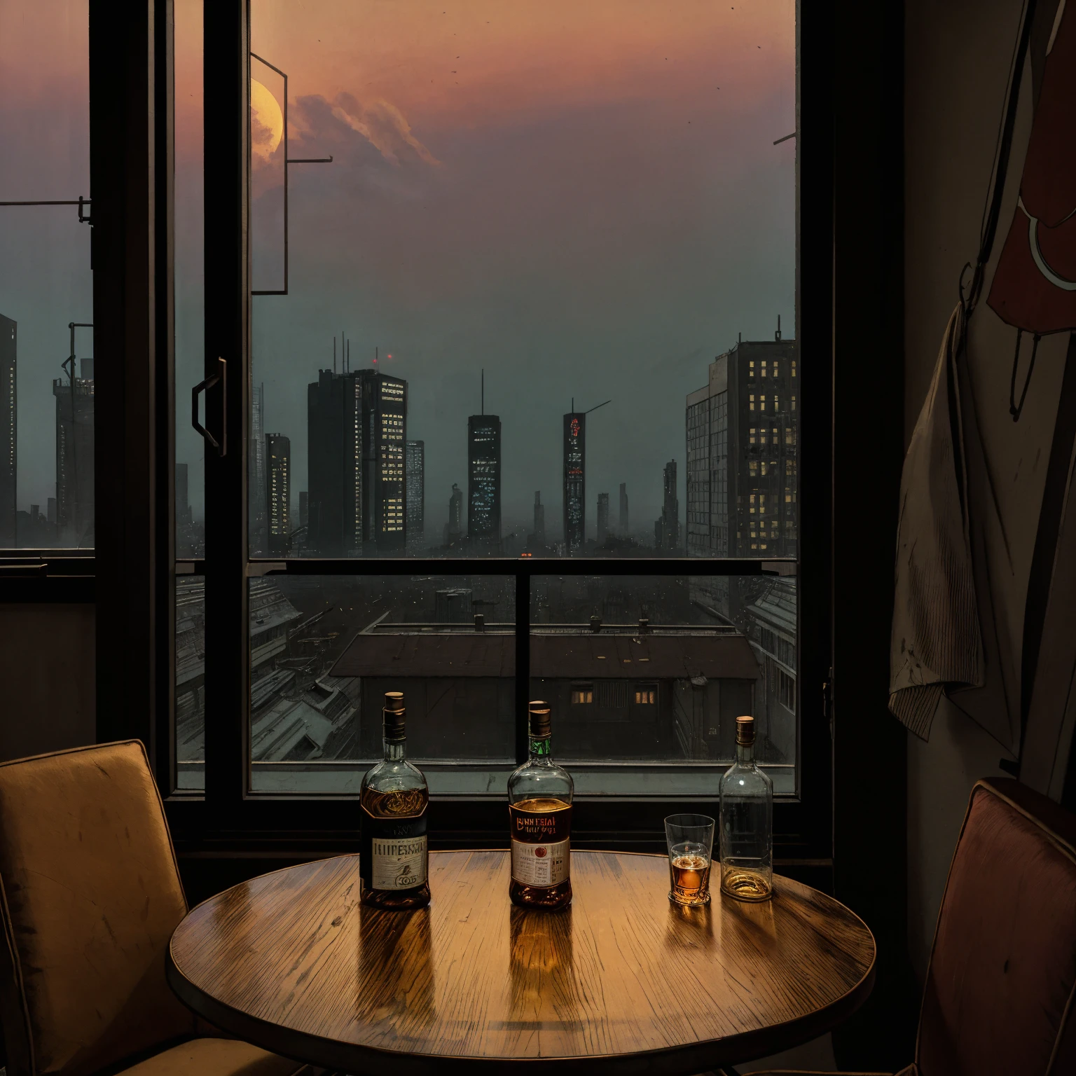 (masterpiece), (cyberpunk living room), (indoor), (window), (dusk), (cyberpunk city), (realistic illustration), (cinematic), (looking out the window), (one liquor bottle, one whiskey glass on table), (a headphone on table)